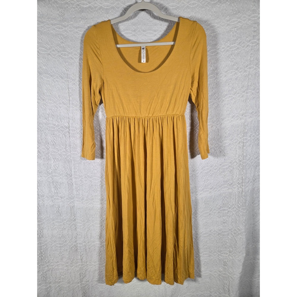 Coco Mustard Yellow Empire Waist Midi Dress 3/4 Sleeve Large Minimalist‎ Boho